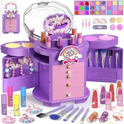 PERRYHOME Kids Makeup Set for Girls, 63 Pcs Washable Non-Toxic Real Cosmetic Toddler Makeup Kit, Unicorn Princess Play Makeup Toys Birthday Gifts, Dress up Time Girl Toys for 3 4 5 6 7 8 9 10 11 12 - Image 1