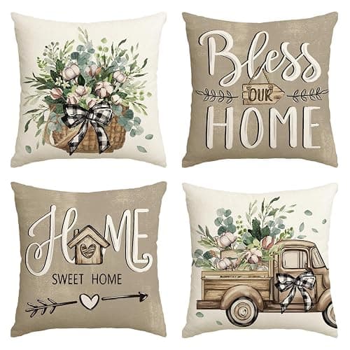 AVOIN colorlife Bless Our Home Farmhouse Eucalyptus Leaves Throw Pillow Covers, 18 x 18 Inch Truck Home Sweet Home Cushion Case Decorations Set of 4 - Image 1