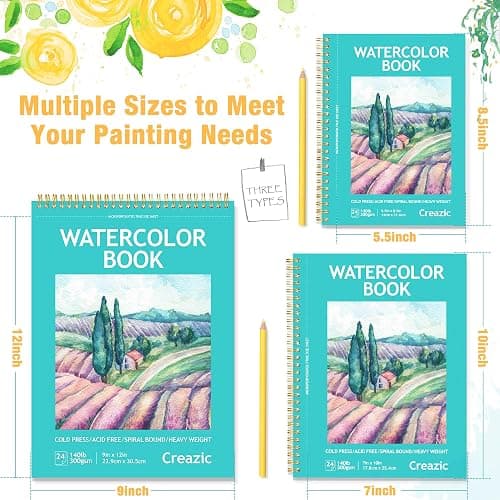 Creazic Watercolor Paper Pad, 5.5"x8.5” (24 Sheets, 140lb/300g), Spiral - Bound with Tear - Line. A Watercolor Journal and Sketchbook for Adults & Kids - Ideal for Smaller - Sized Exercises or Travel thumbnail 2