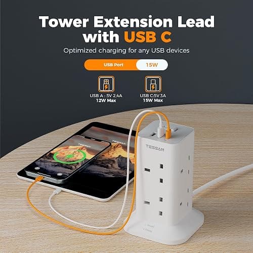 Tower Extension Lead 5M with 3 USB Slots, TESSAN 5 Metre Extension Cable 8 Way Multi Plug Socket, Surge Protected Power Strip with Switch for Home, Office thumbnail 3