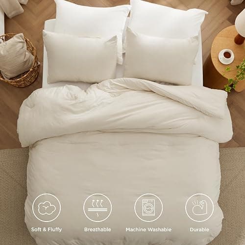 Bedsure Queen Size Comforter Set, Cream Soft Prewashed Bedding for All Seasons, 3 Pieces GentleSoft™ Warm Down Alternative Bed Set, 1 Lightweight Comforter (90"x90") and 2 Pillowcases (20"x26") thumbnail 4