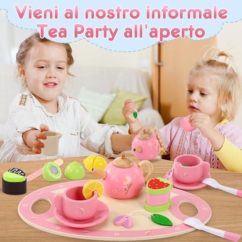 Seagoal Set da Tè di Legno, Cucina Giocattolo per Bambini, Giochi Regalo 3 4 5 Anni, Accessori da Torta Dessert Gioco di Ruolo thumbnail 2