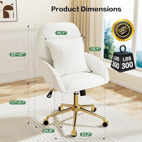 Home Office Desk Chair Comfy with Adjustable Swivel Wheels, Modern Velvet Makeup Vanity Chair with Back & Pillow, Ergonomic Office Chair Computer Task Chair for Living Room, Bedroom, White thumbnail 6