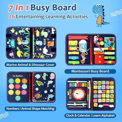 Qizfun Montessori Busy Board & Busy Book for Toddlers – Sensory & Learning Toy That Keeps Kids Busy, Travel Toy for Airplane & Car, Screen for Boys & Girls (Blue/P4) thumbnail 3