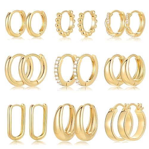 9 Pairs Small Gold/Silver Hoop Huggie Earrings Set for Women, 14K Gold Plated Chunky Hoop Small Earring Hypoallergenic Thick Open Lightweight Chunky Hoop Earrings Jewelry for Gifts - Image 1
