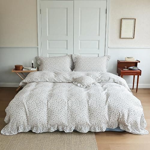 BuLuTu Chic Shabby Floral Girls Boys Duvet Cover Twin Size, Blue Flower Print Kids Duvet Cotton Muslin Soft Breathable Ruffled Quilt Cover Children Bedding, Zipper Closure - Image 1
