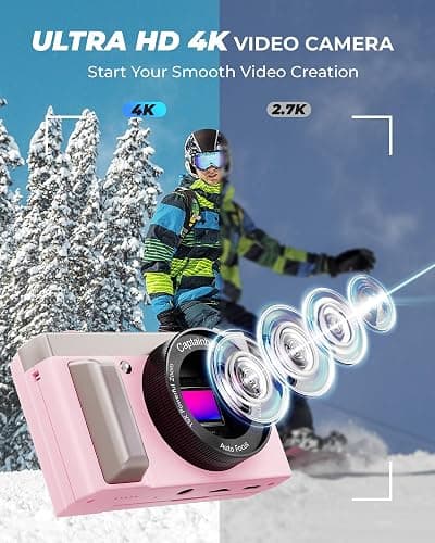 4K Digital Camera,64MP Cameras for Photography with 16X Digital Zoom, AutoFocus Vlogging Camera for YouTube, 3" 180°Flip Screen Compact Travel Camera, Anti-Shake 4K Video Cameras with 64GB Card, Pink thumbnail 2