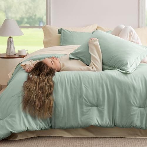 Bedsure Full Size Comforter Set - 7 Pieces Sage Green Full Bedding Set for All Seasons, Boho Contrasting Design Bed in a Bag with Comforter, Sheets, Pillowcases & Shams thumbnail 2