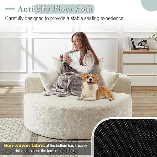 Oversized Round Chaise Longue Chair Indoor, Modern 55-inch Upholstered Chenille Deep Seat Circle Single Cloud Lounge Floor Sofa Chair for Living Room, Bedroom Apartment, Beige thumbnail 6