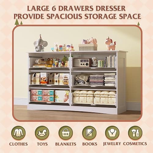 WLIVE White Dresser with 6 Drawers, Wide Wooden Chest of Drawers for Bedroom, Large White Storage Tower Unit, Modern Minimalist Closet Store Organizer for Living Room, Hallway thumbnail 4