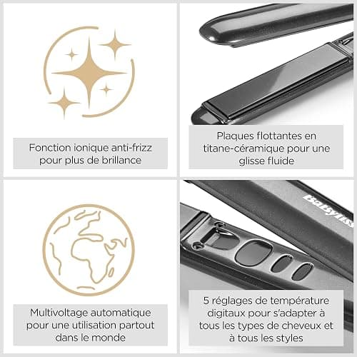 BaByliss Lisseur cheveux Titanium Shine – NOUVEAUTÉ 2025, Plaques en titane-céramique, 5 réglages de température 150–230°C, Utilisation mondiale, Argenté, ST620E thumbnail 2