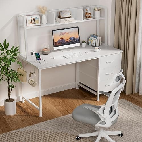 White Computer Desk with Hutch & Drawers - Office Desk with 3 Storage Drawers and Power Outlets, 47 Inch Modern Study Writing Desk for Bedroom Home Office - White - 47.2" thumbnail 2