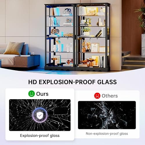 Dystler Display Cabinet with Glass Doors, RGB Lights for Collectibles | 71'' Tall with Adjustable Shelves, Human Sensor LED Lighting Curio Cabinet, Black thumbnail 5