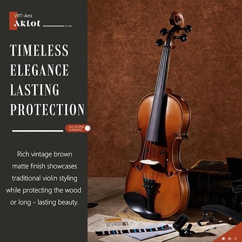 AKLOT Handcrafted Full Size Violin: Solid Wood Matte Fiddle, Acoustic Beginner 4/4 Violin Kit with Hard Case, Lesson Book, Bow, Shoulder Rest, Extra Strings, Tuner, Fretboard Stickers (VRT-AmiMS) thumbnail 9