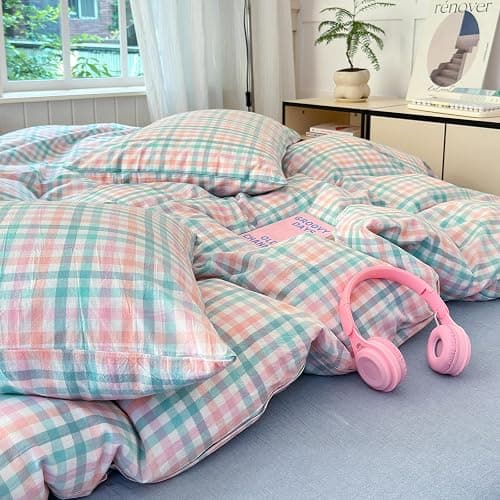 LifeTB Queen Comforter Set Multi-Colored Gingham Comforter Modern Style Checkered Pattern Comforter Set Colorful Grid Plaid Bedding Comforter Fluffy Soft Lightweight Grid Bedding Set Breathable thumbnail 9