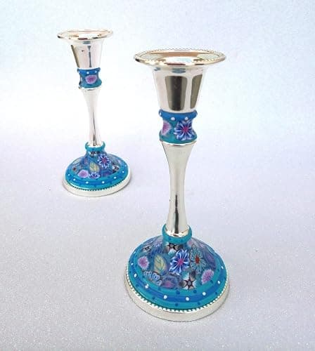 Candlesticks Holders, Handmade Shabbat Candlesticks of Nickel and Polymer Clay, Lovely Table Decoration great as Housewarming and Hostess Gift thumbnail 6