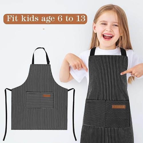 XLSXEXCL Stripes Kids Apron, Kids Cooking Aprons with 2 Pockets, Cute Kids Aprons for Cooking for Boys and Girls thumbnail 4