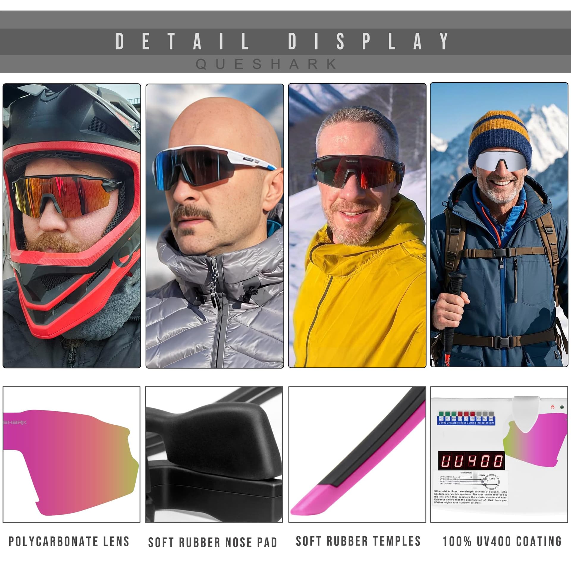 Queshark Gafas Ciclismo Polarizadas, Gafas Running Hombre y Mujer, UV400 con 4 Lentes Intercambiables, Gafas de Sol Deportivas para Ciclismo Correr Conducir thumbnail 3