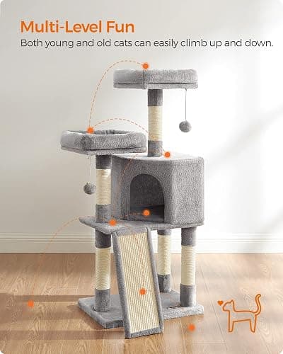 Feandrea Cat Tree, 45.3-Inch Cat Tower, Plush Condo with Scratching Post, Ramp, Perch, Spacious Cave, for Small Space, Light Gray UPCT141W01 thumbnail 2