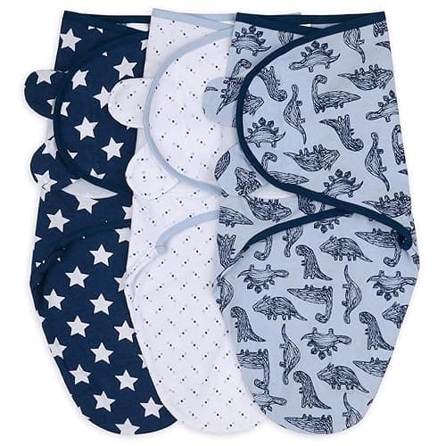 The Peanutshell Baby Swaddle Blankets Set of 3 - Baby Boy Sleep Sack for Newborn, Newborns Sack 0-3, 3-6 Month Swaddles, Soft & Breathable Cotton - Blue Dinosaur (S/M)