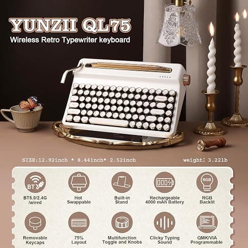 YUNZII QL75 Wireless Typewriter Hot Swap Retro Mechanical Keyboard,Punk Round Keycaps,RGB Backlit QMK/VIA Programmable, Multi-Device Keyboard with 2.4GHz/Type-C/BT5.0 (White, Cocoa Cream V2 Switch) thumbnail 2