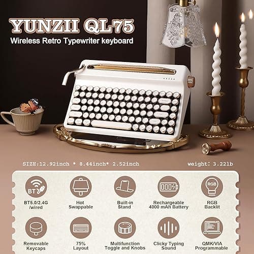 YUNZII QL75 Wireless Typewriter Hot Swap Retro Mechanical Keyboard,Punk Round Keycaps,RGB Backlit QMK/VIA Programmable, Multi-Device Keyboard with 2.4GHz/Type-C/BT5.0 (White, Cocoa Cream V2 Switch) thumbnail 3