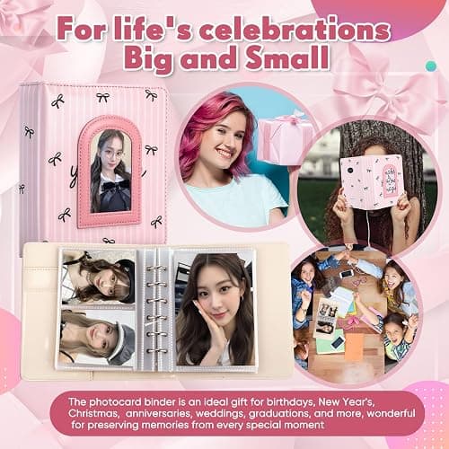 Jaloro Photocard Binder Pink Bows Kpop Binder Collector Album Idol Display Book with 60 Card Slots 10 Postcard Slots PU Leather Cover with Clear Sheet Protectors Fans Gift Merchandise for Collection thumbnail 6