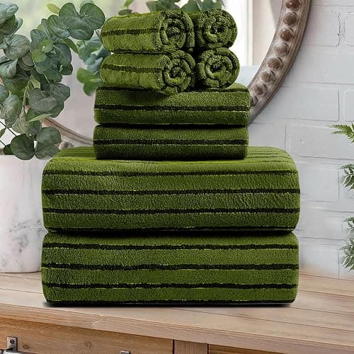 8 Pcs Army Green Cabana Stripe Large Bath Towel Set Oversized Bath Sheet-2 Bath Towels,2 Hand Towels,4 Washcloths Soft Jumbo Towels Absorbent Shower Towel Beach Chair Towels Spa Gym Hotel Towel - Image 1