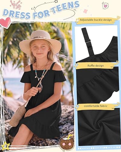 Xaatren Girls Summer Dresses 5-14Y | Party Birthday Princess Formal Dress, Cute Cold Shoulder Ruffle Hem Sundress, Dresses for Teens, Soft Trendy Vacation Clothes thumbnail 4