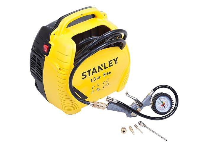 Stanley Compressore Aria Portatile 8 Bar - Compressore 8Bar Senza Olio con Attrezzi Pneumatici - Incl. Tubo dell'Aria da 3M, Pistola ad Aria con Manometro e 3 Ugelli - Giallo thumbnail 8