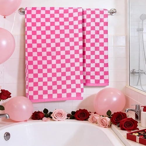 Jacquotha Hot-Pink Checkered Cotton Bath Towels Set of 2 - Cute Aesthetic Bathroom Towels for Women Girls Teens, Valentines Bathroom Decor 27.5" x 55" thumbnail 2
