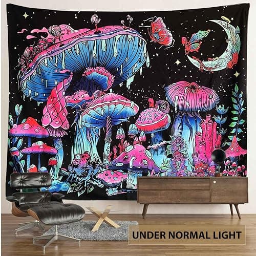 TUGCAY Blacklight Mushroom Tapestry, Glow In The Dark Black Light Plant Tapestry Fantasy UV Reactive Mushroom Butterfly Moon Tapestries Posters Wall Hanging for Bedroom Dorm Decor(30"x40") thumbnail 7
