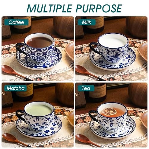 vancasso Selene 240 ml Porcelain Cup and Saucer Set of 6, Blue-and-White | Floral Patterned Vintage Coffee Cups Set for All Kinds of Drinks/Tea/Espresso/Latte/Cappuccino, Dishwasher & Microwave Safe thumbnail 7