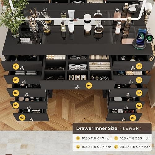 Otterease Vanity Desk with Mirror and Lights, 11 Drawers Makeup Vanity Desk with Tempered Glass top, 3 Lighting Modes Adjustable Brightness, Black Vanity with Magnetic 5X Magnifier for Bedroom thumbnail 7