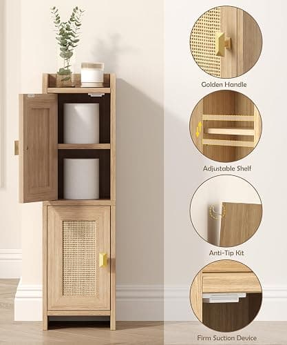 Akxomel Rattan Small Bathroom Cabinet with 2 Doors, 7.9''D x 7.9''W Narrow Toilet Paper Storage Cabinet, Bathroom Organizer for Small Spaces, Wooden Slim Corner Unit with Adjustable Shelf, Natural Oak thumbnail 5