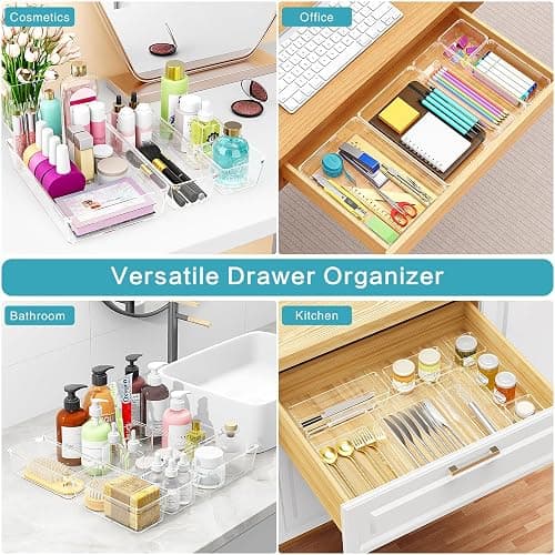 Manalete 65 Pcs Clear Plastic Drawer Organizer, Makeup & Vanity Organizer | 4-Size Versatile Desk Organizer & Storage Bins for Kitchen, Bathroom, Office, Jewelries, Easy Clean, Stackable, BPA-Free thumbnail 7