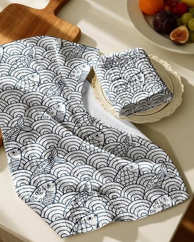 Miss Adola 370GSM Cotton Waffle Kitchen Towels, Fish | Pure Cotton, Sustainable, Waffle Weave, Terry Cloth, Highly Absorbent, Decorative, 16"x25", with Hanging Loop thumbnail 3