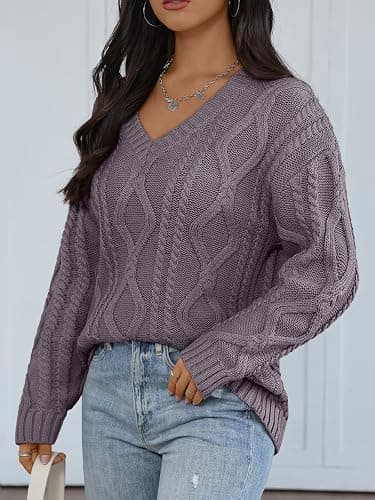 Trendy Queen Oversized Cable Knit Sweaters for Women 2025 Cozy Pullover Knit Fall Outfits V Neck Cute Winter Clothing thumbnail 3