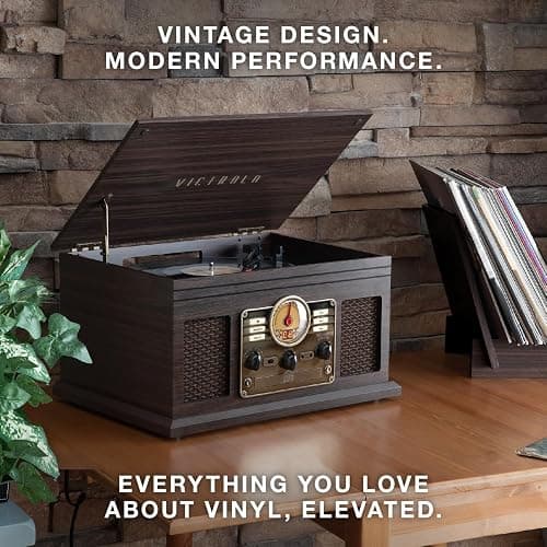 Victrola The Quincy 6-in-1 Bluetooth Record Player & Multimedia Center with Built-in Speakers – 3-Speed Turntable, CD & Cassette Player, AM/FM Radio, Wireless Music Streaming (Mahogony) thumbnail 5