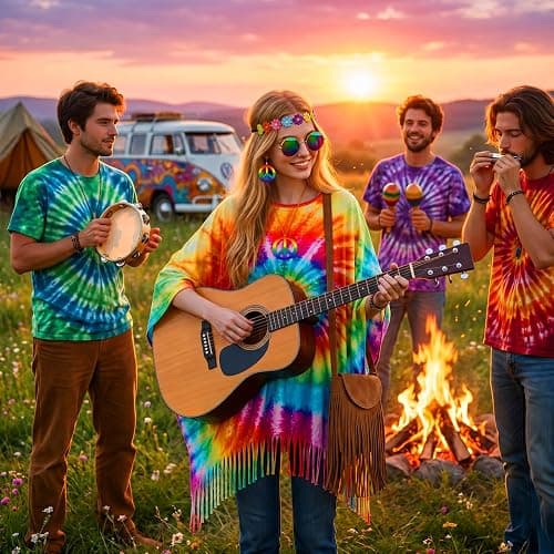 APHBPT 6PCS Hippie Costume for Women - 60s 70s Outfits Tie Dye Poncho with Accessories Set, Hippy Clothes for Halloween thumbnail 5