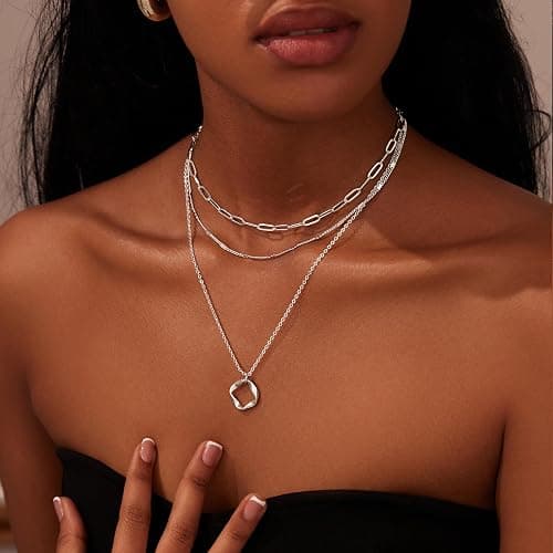 Poxtex Layered Gold Necklaces for Women,Stackable Dainty 14K Gold Silver Plated Trendy Circle Paperclip Chain Pendant Choker Necklace,Simpl Diamond Cross Bow Jewelry Set Gifts for Women thumbnail 4