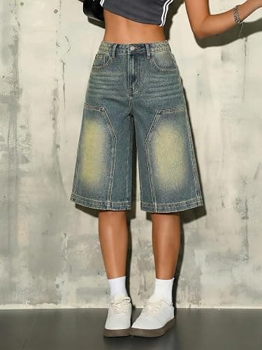 EMMIOL Womens Long Jorts Baggy Y2K Mid High Waisted Retro Jean Shorts Trendy Streetwear Wide Leg Denim Bermudas thumbnail 2