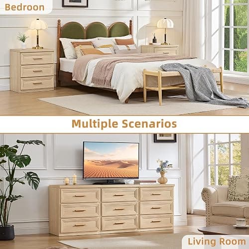 RWYHG Night Stand Set of 2 with 3 Drawer 26" Fluted Wooden Tall Nightstand Metal Handle for Bedroom Living Room Bedside Table Modern Style Furniture Natural thumbnail 7