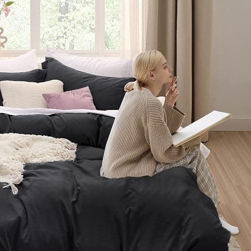 Bedsure Black Duvet Cover Full Size - 3 Pieces Prewashed Extra Soft Cotton-Like Bedding Set, Includes 1 Duvet Cover 80x90 Inches with Zipper Closure & 2 Pillow Shams, Comforter Not Included thumbnail 3