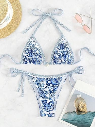 BYFINECANY Women's Floral Printed Bathing Suit Halter Paisley Summer Swimsuit Bikinis Set thumbnail 3