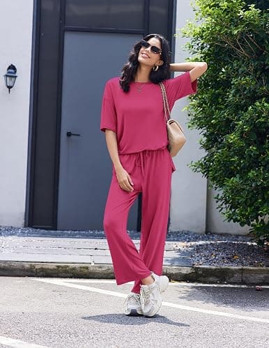 Ekouaer Lounge Sets for Women Short Sleeve Tops and Long Pants Soft Comfy Pajamas Set 2 Piece Outfits thumbnail 6