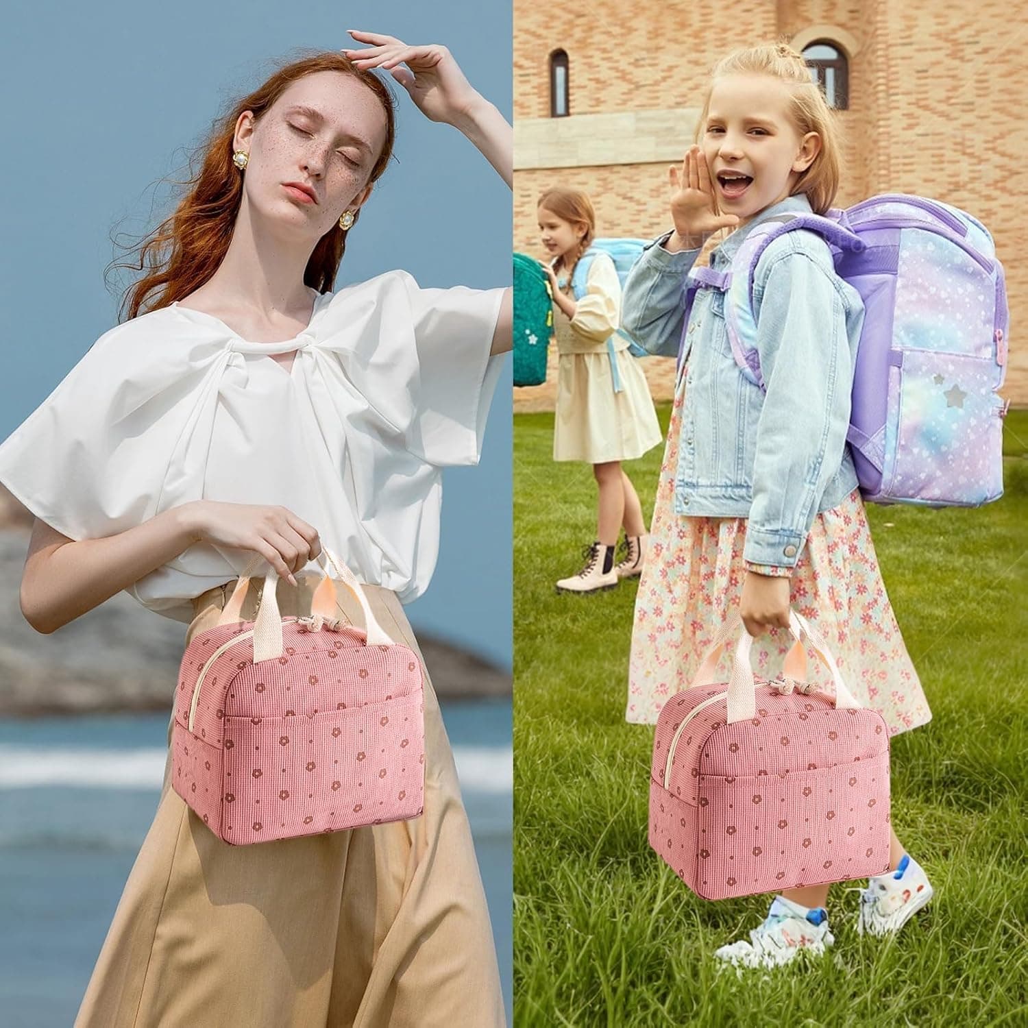 Lylilidy Insulated Lunch Bag Women, Large Pack Lunch Bags, Lunch Bags Cooler Tote for Kids, Leakproof Ladies Bento Bag for Work, School, Picnic (Pink Flower) thumbnail 5