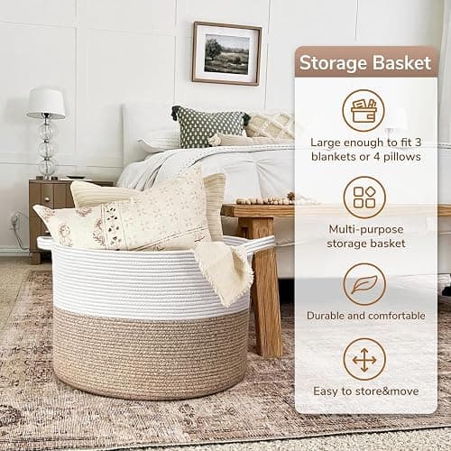 Goodpick Large Cotton Rope Basket, 83L Big Woven Storage, Blanket Organizers and Storage, Baby Nursery Laundry Basket, Extra Large Toy Bin for Storage, 21.7 x 13.8 inches thumbnail 4