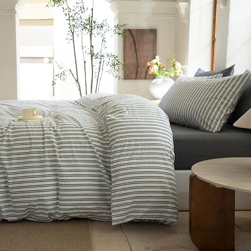 BESTDESIL Striped Duvet Cover Set,100% Washed Cotton Line Like Breathable Trendy Bedding Set(Strip-White/Black,Full) thumbnail 4