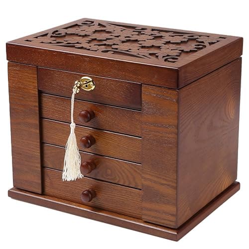 Changsuo Wooden Jewelry Box for Women, Organizer Box of Solid Wood with Lock and Key for Jewelries, Watches, Necklace, Ring, Lockable Storage Case (Dark Brown) - Image 1